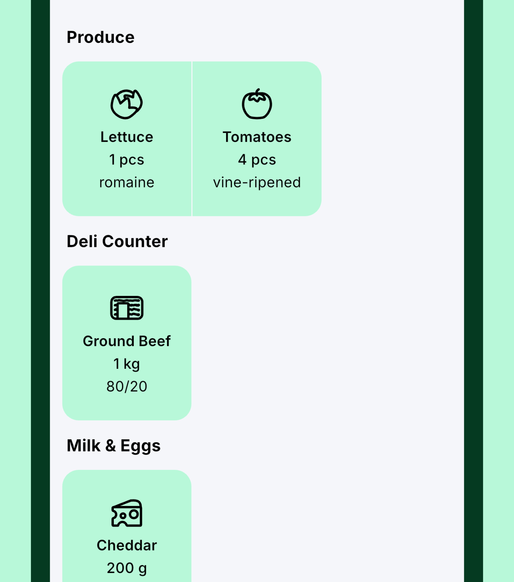 Shopping list grouped by store section: Produce, Deli Counter and Milk & Eggs, each with the items that belong there.