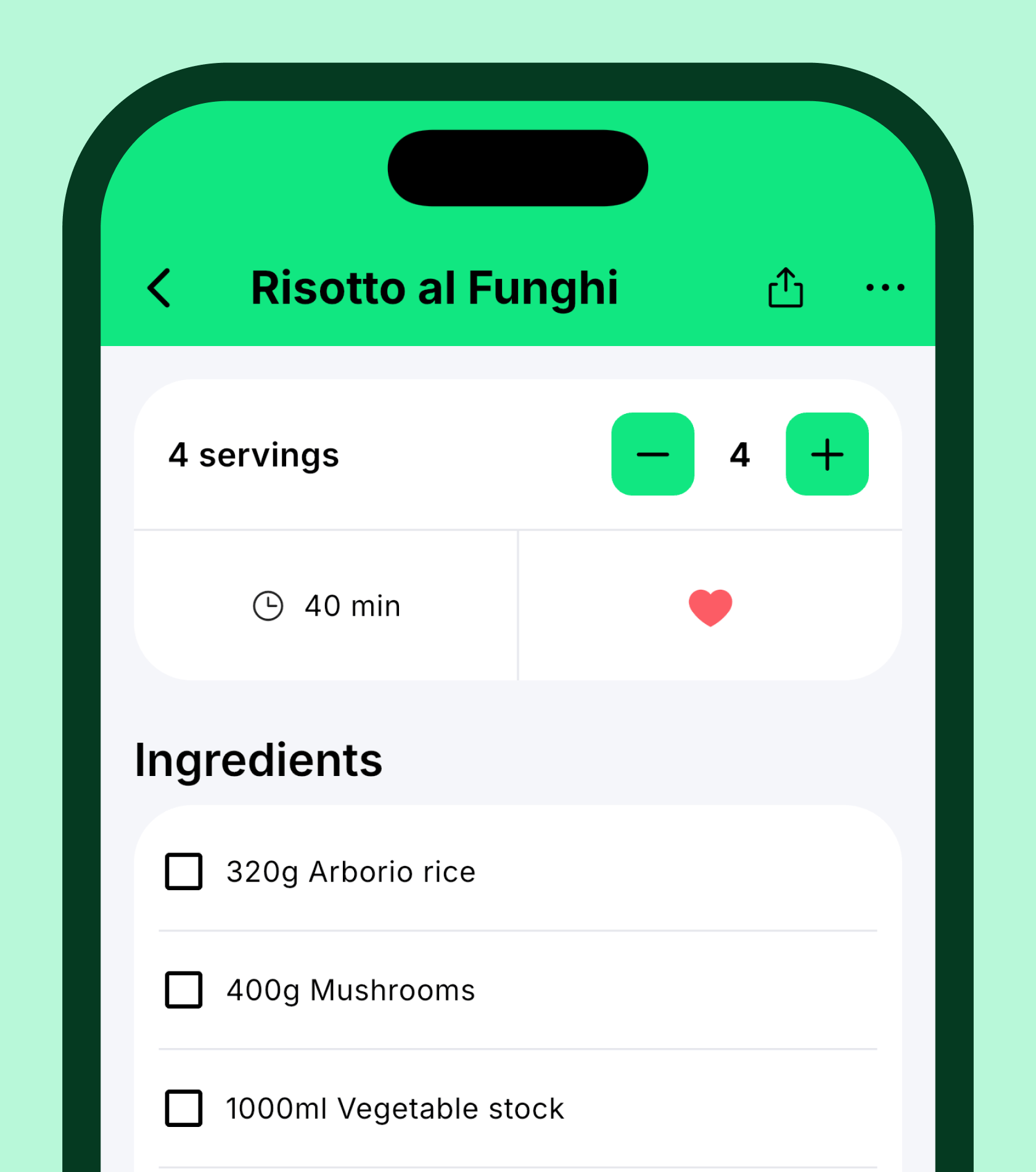 The recipe Risotto al Funghi with the share button in the title bar, 4 servings, 40 minutes and the ingredient list.