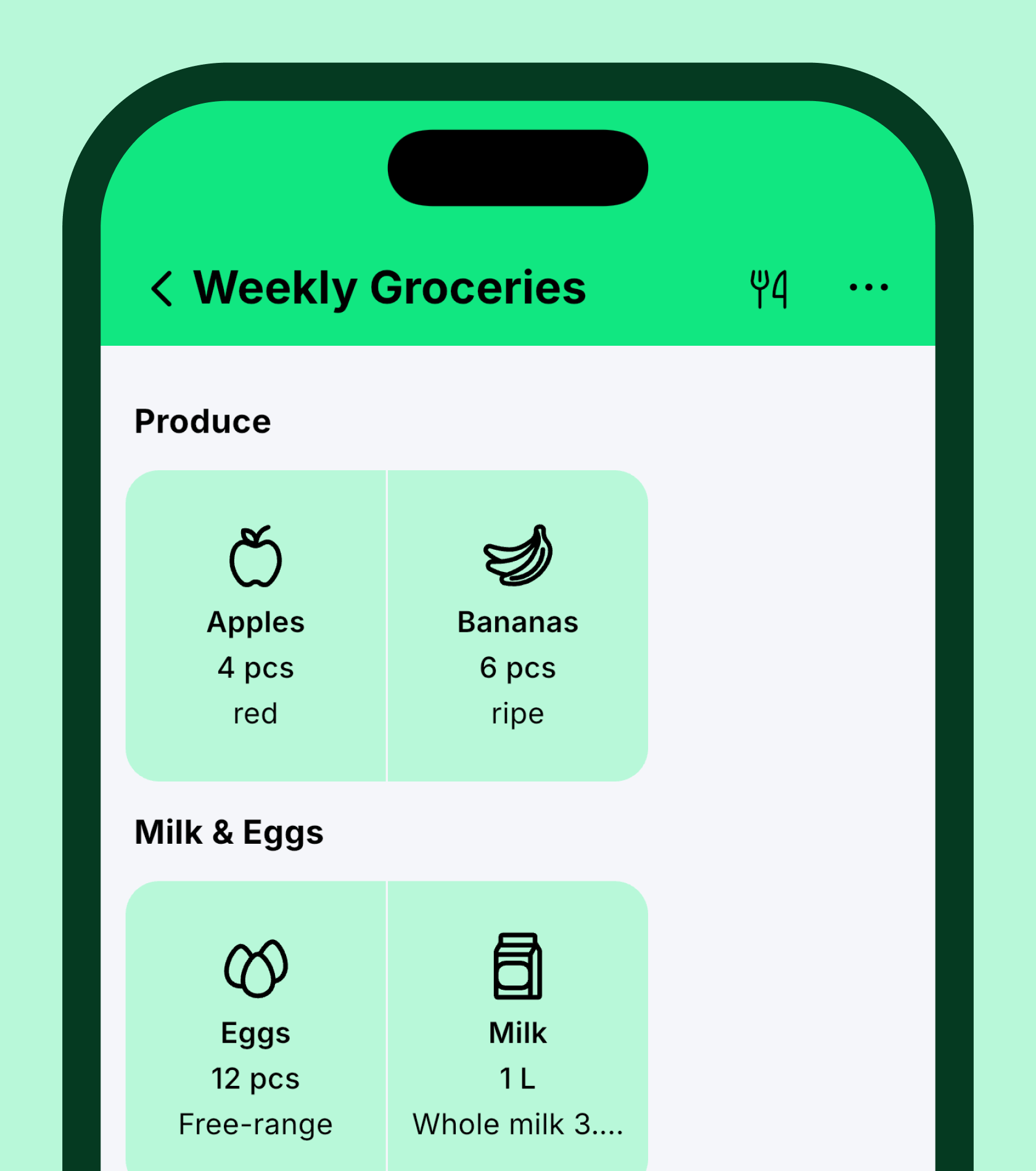 Shopping list Weekly Groceries with the sections Produce and Milk & Eggs, every item with its amount and a note.