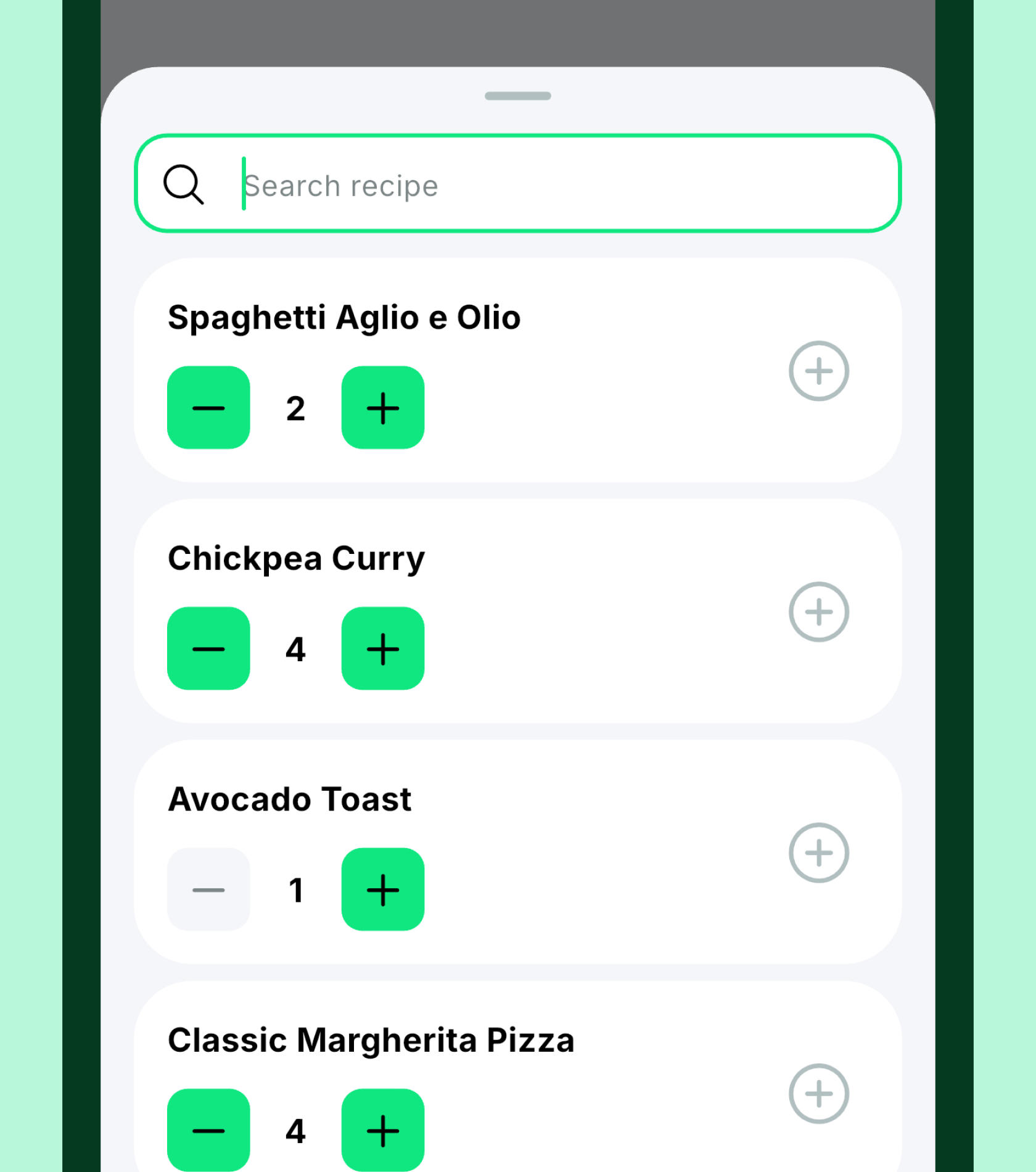 Recipe search where every recipe has a serving stepper, for example Spaghetti Aglio e Olio at 2 and Chickpea Curry at 4.