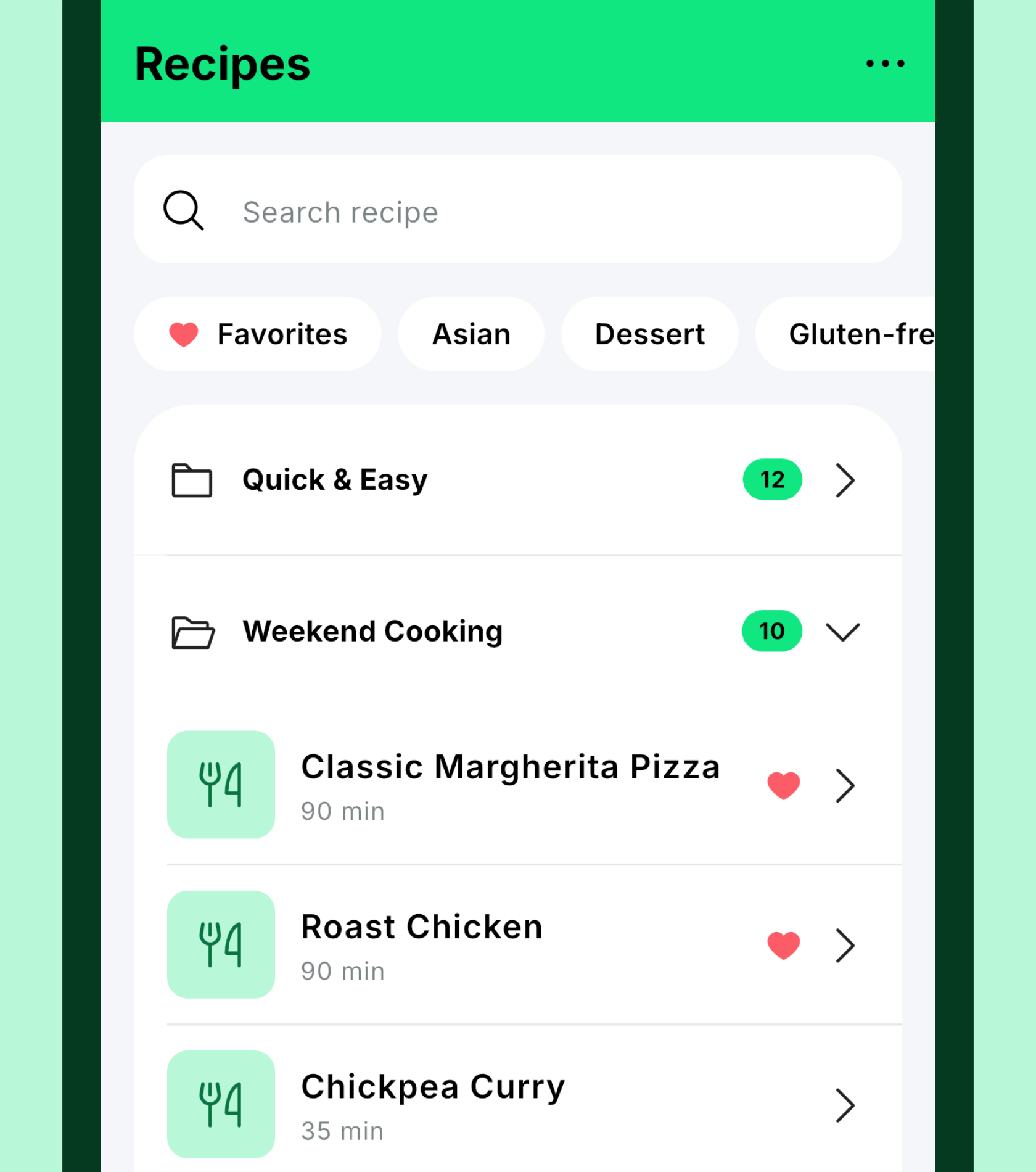 Recipe list with a search field, the filters Favorites, Asian and Dessert, the folders Quick & Easy and Weekend Cooking, and recipes with their cooking time.